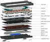 An exploded view diagram of a mechanical keyboard, showing all its internal components. Produktbild-Vorschau