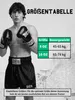 A male boxer wearing boxing shorts and gloves stands next to a size chart. Produktbild-Vorschau