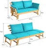 Two views of a wooden garden bench with blue cushions, showing different configurations and dimensions. Anteprima dell’immagine prodotto