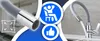 A kitchen faucet with a flexible hose is shown, with icons indicating ease of use and a thumbs-up. Produktbild-Vorschau