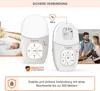 A baby monitor and its parent unit are shown, with a family in the background. Produktbild-Vorschau