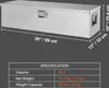A silver aluminum toolbox with dimensions and specifications displayed. Náhľad obrázku produktu