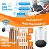 A marketing image showcasing a smart home heating thermostat connected to a radiator, with app and voice control features highlighted. Produktbild-Vorschau