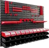 A wall-mounted storage system with various red tool holders and black and clear storage bins. Náhled obrázku produktu
