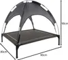 A raised dog bed with a canopy, featuring dimensions indicated by arrows and labels. Produktbild-Vorschau
