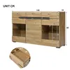 A diagram showing the dimensions of a wooden sideboard with drawers and glass-fronted cabinets. Produktbild-Vorschau
