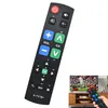 A black universal remote control with large buttons is shown against a white background. A smaller inset image shows a hand holding a similar remote, pointing it at a television screen displaying a soccer game. Produktbild-Vorschau