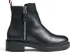 A black leather ankle boot with a side zipper and a red pull tab at the back.