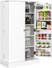 A white pantry cabinet with its doors open, revealing shelves stocked with various food items and kitchenware. Náhled obrázku produktu