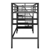 A black metal bunk bed with a ladder and shelves, shown from the front. Produktbild-Vorschau