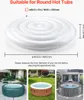 A collage of images showing an inflatable hot tub cover, its dimensions, and three examples of inflatable hot tubs. Produktbild-Vorschau