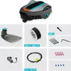 A collage of images showing a robotic lawnmower and its accessories. Produktbild-Vorschau