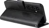 A black flip case for a smartphone is shown from a side angle, open to reveal the phone's camera array. Produktbild-Vorschau