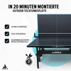 A close-up marketing image of an outdoor table tennis table, with text overlays highlighting features. Produktbild-Vorschau