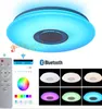 A collage of images showcasing a multi-functional LED ceiling light with a built-in Bluetooth speaker, including a remote control and app interface. Produktbild-Vorschau