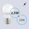 A white LED light bulb is shown next to a graphic comparing its energy consumption to a traditional incandescent bulb. Produktbild-Vorschau