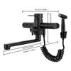 A black kitchen faucet with a handheld sprayer and dimensions indicated by lines and text. Podgląd zdjęcia produktu