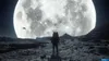 An astronaut stands on a rocky, desolate surface, looking up at a massive full moon dominating the night sky. A small, unidentified flying object is visible in the distance near the moon. Produktbild-Vorschau