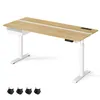 A white and wood adjustable standing desk with a drawer and casters. Produktbild-Vorschau