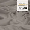 A close-up of a taupe-colored fabric with a label showing certifications and brand information. Produktbild-Vorschau