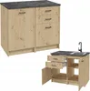 Two kitchen cabinets with a dark countertop, one is a larger unit with a door and three drawers, the other is a smaller unit with a sink and faucet, and open compartments. Produktbild-Vorschau