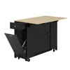 A black kitchen island with a light wood top, shown with a drawer pulled out and a cabinet door open. Voir les images du produit