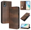A collage of images showing a brown leather flip phone case from different angles, including one with a phone inside and another showing the interior card slots. Produktbild-Vorschau