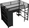 A black metal loft bed with a desk and shelves underneath, shown from a slightly elevated angle against a white background. Anteprima dell’immagine prodotto