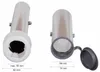 Two views of a metal tube with a white flange on one end and a hinged gray cap on the other. Podgląd zdjęcia produktu