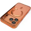 A close-up, angled view of an orange iPhone case with a MagSafe ring and camera protection. Produktbild-Vorschau