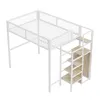 A white metal loft bed with wooden steps and shelves, shown from a diagonal angle against a white background. Náhled obrázku produktu