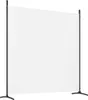 A white fabric screen is supported by two black stands with curved bases. Náhled obrázku produktu