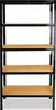 A black metal shelving unit with five wooden shelves, shown against a white background. Produktbild-Vorschau