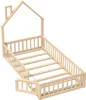 A wooden bed frame with a house-like structure and railings, shown from a diagonal angle against a white background. Náhľad obrázku produktu