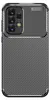 A black and gray carbon-look phone case with a camera bump. Produktbild-Vorschau
