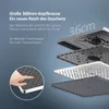 An exploded view of a shower head with text describing its features and a hand touching the shower head. Produktbild-Vorschau