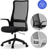 A black ergonomic office chair is shown from the front, with two smaller circular insets showing close-ups of the chair's back and a white version of the chair. Podgląd zdjęcia produktu