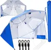 A collage of images showing a blue and white beach tent or umbrella, with accessories like ropes and stakes. Anteprima dell’immagine prodotto