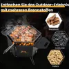 A portable grill and fire pit with various fuel options displayed. Produktbild-Vorschau