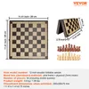 A collage of images showing a wooden chessboard, a folded chessboard, and chess pieces, along with text describing the product's specifications. Produktbild-Vorschau