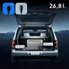 The back of an open SUV trunk with a portable electric cooler inside, showing dimensions. Náhled obrázku produktu