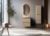 A modern bathroom with a wooden vanity, sink, mirror, and a tall cabinet. Náhled obrázku produktu