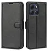 A black leather flip case for a smartphone is shown from two angles. Produktbild-Vorschau