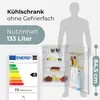 A refrigerator is shown next to a silhouette of a person, with an energy efficiency label and product details displayed. Produktbild-Vorschau
