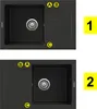 Two views of a black kitchen sink with a drainer, labeled with letters A, B, and C, and numbered 1 and 2. Podgląd zdjęcia produktu