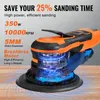 A close-up marketing image of an orange and black electric sander with diagrams and text highlighting its features. Produktbild-Vorschau