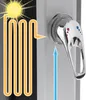 Diagram illustrating how a solar shower works, showing the sun heating water that flows through a coil and into a shower handle. Náhled obrázku produktu