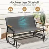 A grey outdoor glider bench with wooden armrests is shown on a patio with plants in the background. Text overlays highlight product features. Anteprima dell’immagine prodotto
