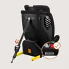 Rear view of a black car seat with yellow ISOFIX connectors, showing a strap being tightened and a close-up of a storage compartment. Produktbild-Vorschau