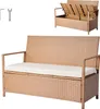 A wicker storage bench with a cream cushion is shown from the front. A smaller image above shows the bench with its lid open. Produktbild-Vorschau